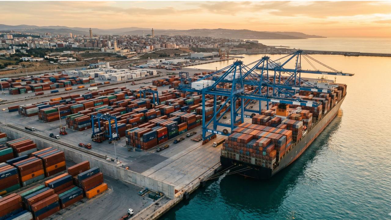 Marsa Maroc résultats 2025 — terminal à conteneurs au crépuscule, plan d'investissement 21 milliards de dirhams