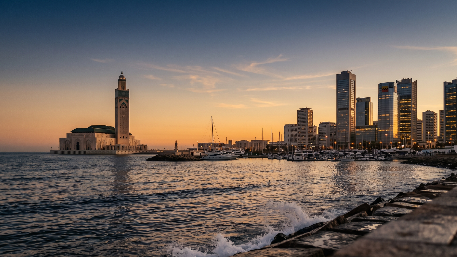 Clôture 30 avril 2026 — skyline Casablanca au crépuscule, MASI +8,29% sur le mois, Wall Street records