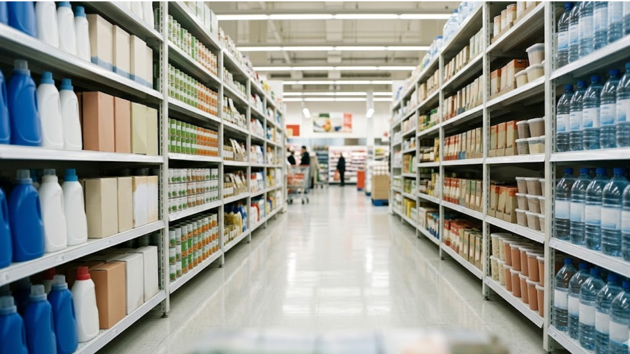 Mutandis T1 2026 — rayon de supermarché avec produits d'hygiène, conserves et boissons, accélérateur de marques marocain