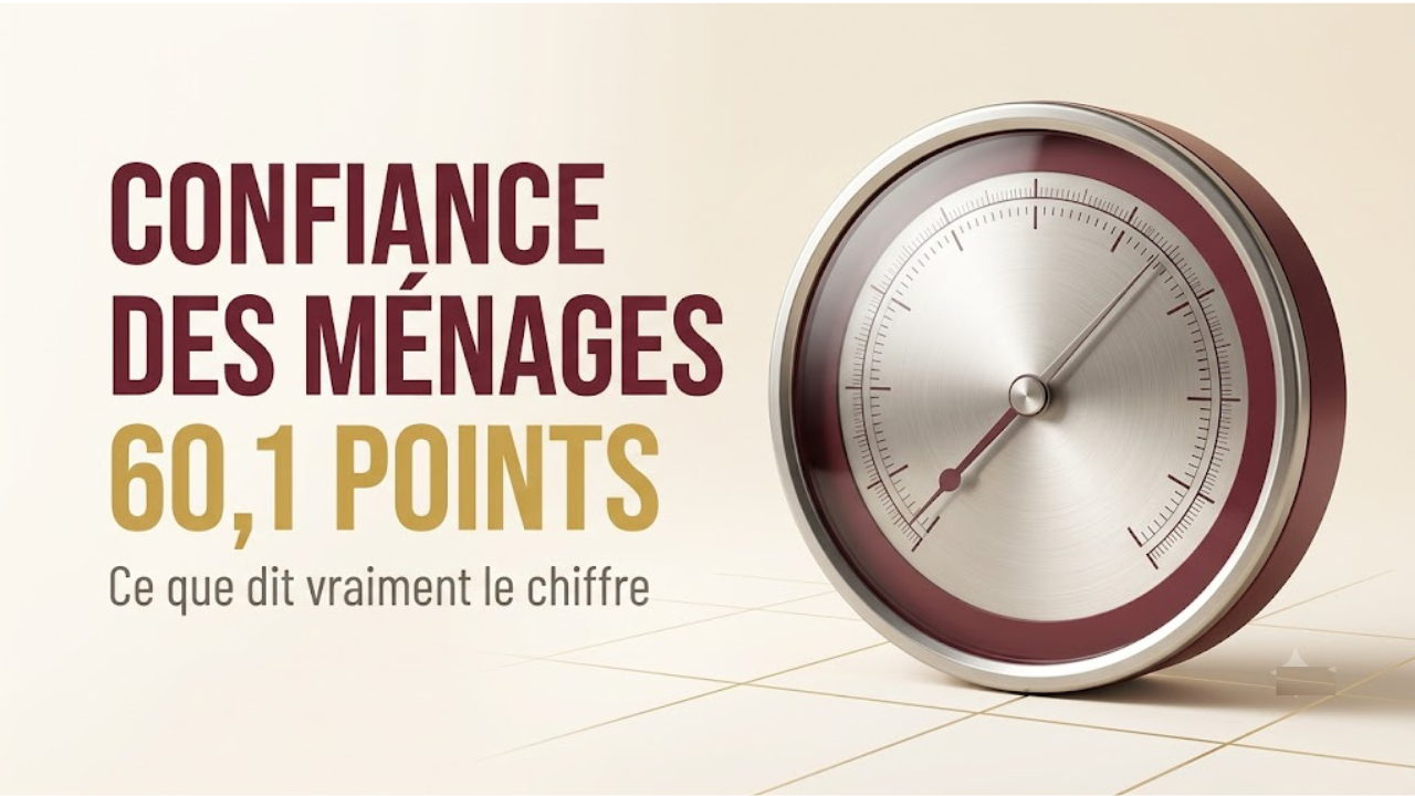 L'indice de confiance des m&eacute;nages du Haut-Commissariat au Plan s'&eacute;tablit &agrave; 60,1 points au deuxi&egrave;me trimestre 2026, contre 64,4 points au trimestre pr&eacute;c&eacute;dent et 54,6 points un an plus t&ocirc;t ; d&eacute;cryptage complet de la m&eacute;thode de calcul, moyenne arithm&eacute;tique simple de sept soldes d'opinion augment&eacute;e de 100 sur une &eacute;chelle de 0 &agrave; 200 dont la neutralit&eacute; se situe &agrave; 100, jamais atteinte en soixante-quatorze trimestres depuis 2008 ; dix-huit ans d'historique avec un sommet de 87,3 points en 2018, un plancher de 44,3 points fin 2023 et neuf trimestres de stagnation au plus bas ; d&eacute;composition des sept composantes montrant que le recul du trimestre vient des anticipations et non de la situation pr&eacute;sente, et que l'am&eacute;lioration annuelle repose sur l'emploi et non sur le pouvoir d'achat