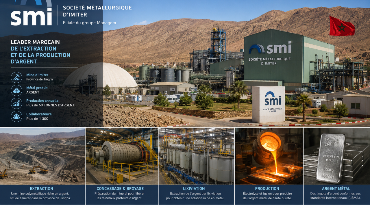 Indicateurs trimestriels de la SMI, filiale argentif&egrave;re du groupe Managem, au 30 juin 2026 : chiffre d&rsquo;affaires semestriel de 852 millions de dirhams en progression de 36%, mais l&rsquo;&eacute;metteur pr&eacute;cise que le cours moyen de l&rsquo;argent a progress&eacute; de 120% et que cet effet prix a compens&eacute; un recul de 38% des volumes vendus, li&eacute; &agrave; des travaux de maintenance programm&eacute;s et au d&eacute;calage de la mise en exploitation du projet de carri&egrave;re ; la d&eacute;composition se v&eacute;rifie puisque le produit des deux effets donne 36,4% contre une croissance r&eacute;elle de 35,7% ; les investissements atteignent 190 millions en hausse de 111%, portant le ratio des investissements au chiffre d&rsquo;affaires de 14,3% &agrave; 22,3% alors que celui de la maison m&egrave;re Managem s&rsquo;effondre de 65,2% &agrave; 14,7% ; la tr&eacute;sorerie nette recule de 55% &agrave; 243 millions
