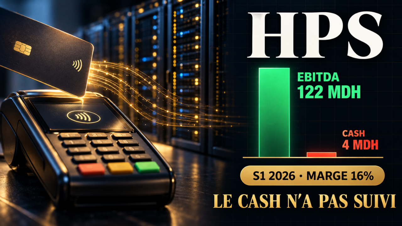 Comptes consolid&eacute;s de HPS au 30 juin 2026, arr&ecirc;t&eacute;s le 23 septembre : produits d&rsquo;exploitation de 761 millions de dirhams en hausse de 13,1%, EBITDA de 122 millions en hausse de 74,7% et marge port&eacute;e de 10,4% &agrave; 16,0%, r&eacute;sultat net part du groupe de 35 millions contre une perte de 47 millions ; la marge reste inf&eacute;rieure aux 18,4% de l&rsquo;exercice 2025 ; le flux de tr&eacute;sorerie d&rsquo;exploitation n&rsquo;atteint que 3,7 millions, les cr&eacute;ances clients ayant augment&eacute; de 197 millions et les travaux en cours de 42 millions ; le dividende de 59 millions vot&eacute; le 24 juin n&rsquo;&eacute;tait pas vers&eacute; au 30 juin